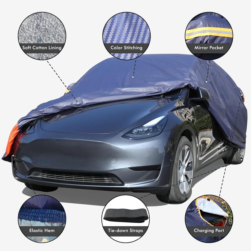 DINGHAO Tesla Model Y Car Cover Waterproof All Weather, 6 Layers Outdoor Full Exterior Cover Rain Sun UV Snowproof Protection with Zipper Cotton, Mirror Pocket and Charging Port - Image 2